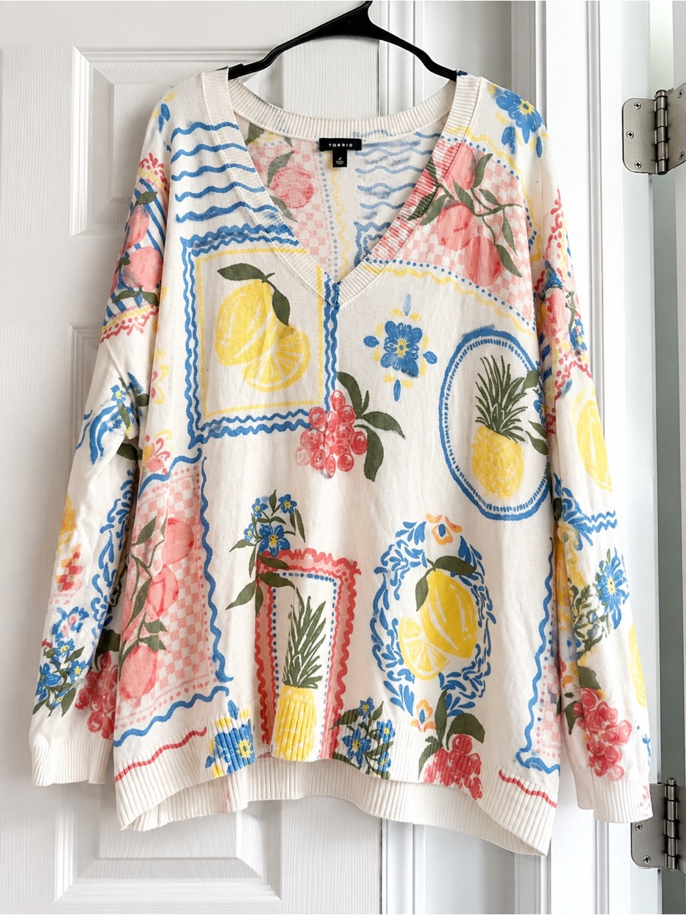 torrid Cream V-Neck Sweater with Yellow Lemon & Pink Floral Print